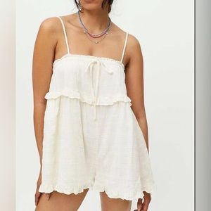 UO Urban Outfitters Ruffle Me Up Romper, Cream, Size Medium